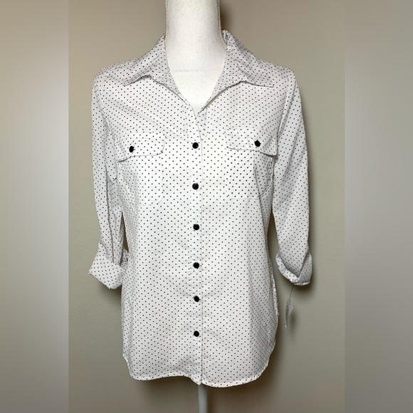 NWT NY Collection Polka Dot Button Down Roll Tab Long Sleeve Shirt Women PM - Picture 2 of 7